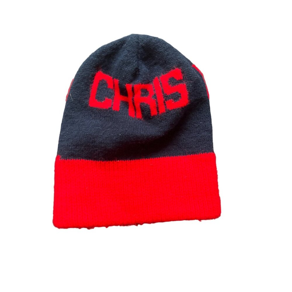 Chris Monogram Navy & Red Beanie Hat Warm Winter Knit